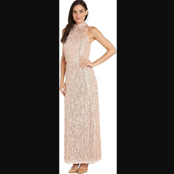 NWT R&M Richards Gold Sequin Maxi Dress, Sz 10 - Picture 1 of 11